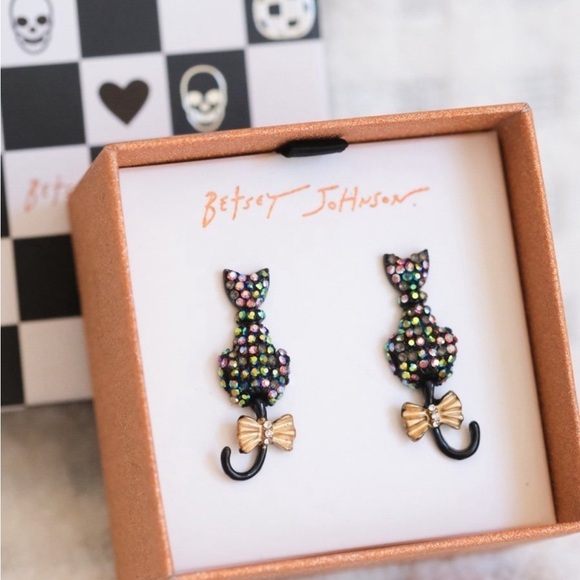 Betsy Johnson Black Cat Iridescent Rhinestone Drop Earrings, NWT,🌛 - Picture 4 of 11